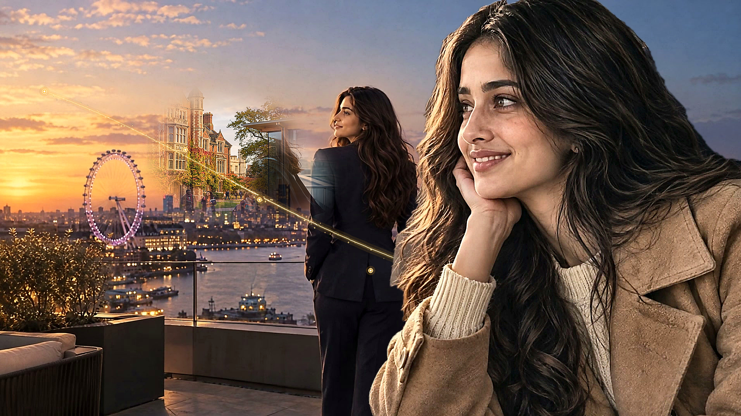 A student visualizes her future unfolding from university and graduation to a thriving career in London.