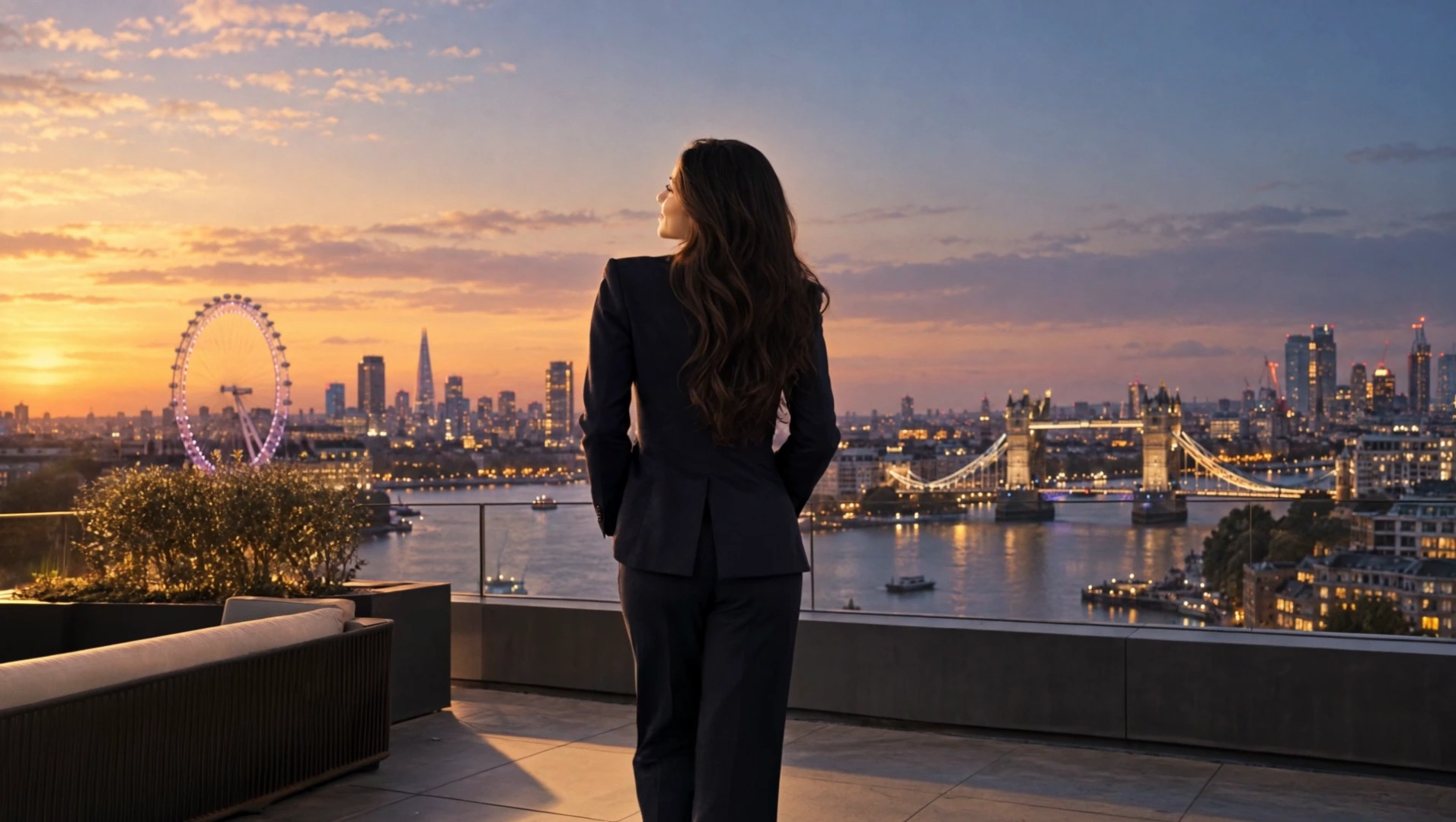 A young woman stands on a rooftop at dusk, seen from behind, looking out over London towards Tower Bridge and the City.
